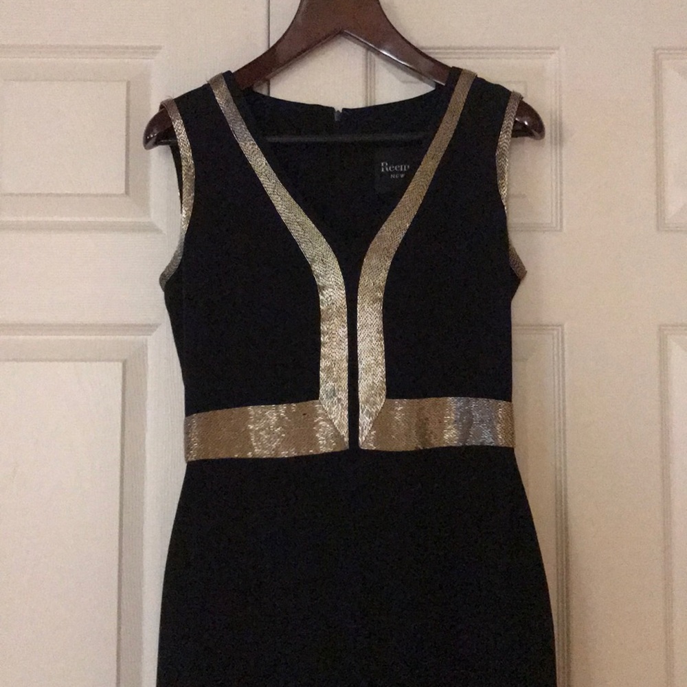 Reem Acra Black Silk Gold Beaded Detail Gown Sz 10 - Picture 3 of 8